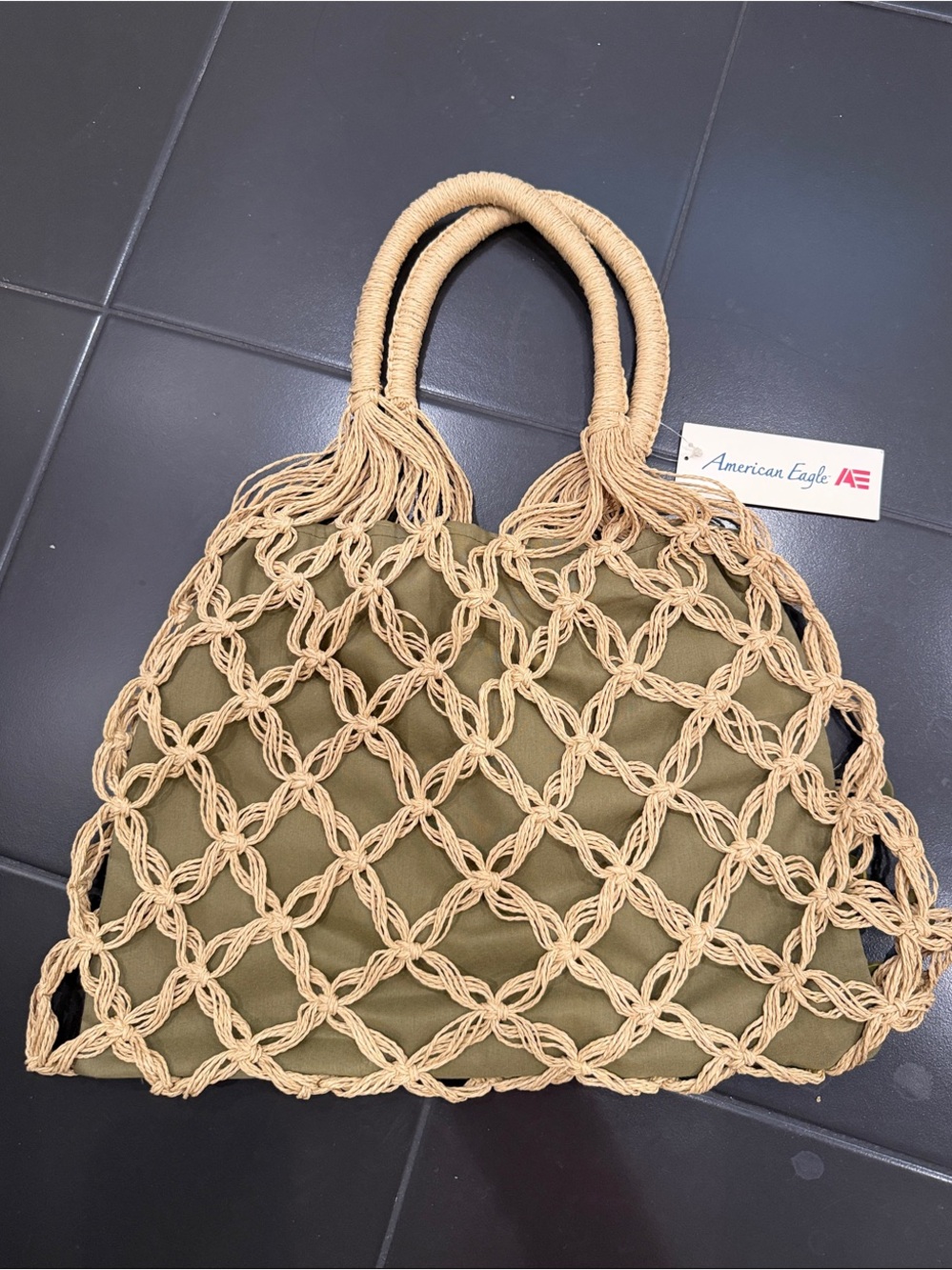American Eagle Olive Tote with Natural Macramé Netting